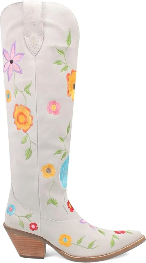 Dingo Womens Flower Power Embroidered Floral Snip Toe Pull On Casual Boots Over the Knee Mid Heel 2-3" - Off White - Size 9.5 M