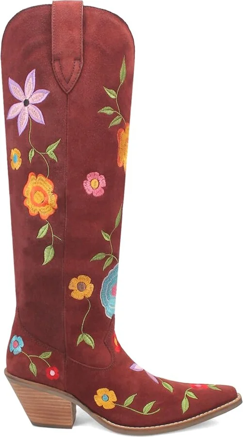 Dingo Womens Flower Power Embroidered Floral Snip Toe Pull On Casual Boots Over the Knee Mid Heel 2-3" - Red - Size 10 M