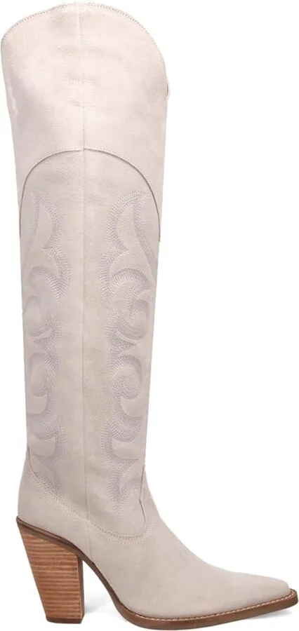 Dingo Womens Primadonna Embroidered Snip Toe Zippered Casual Boots Over the Knee High Heel 3" & Up - Off White - Size 8.5 M