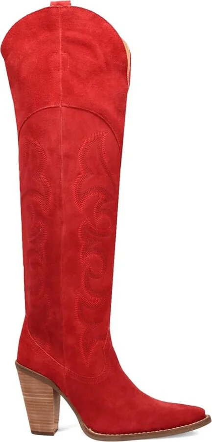 Dingo Womens Primadonna Embroidered Snip Toe Zippered Casual Boots Over the Knee High Heel 3" & Up - Red - Size 9 M