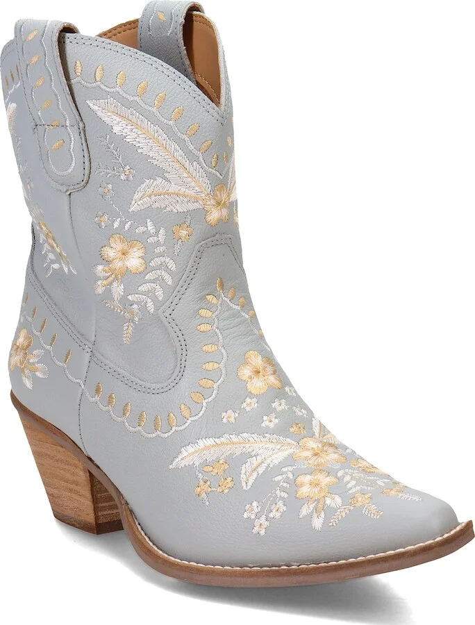 Dingo Womens Primrose Embroidered Floral Snip Toe Casual Boots Ankle Low Heel 1-2" - Grey - Size 10 M