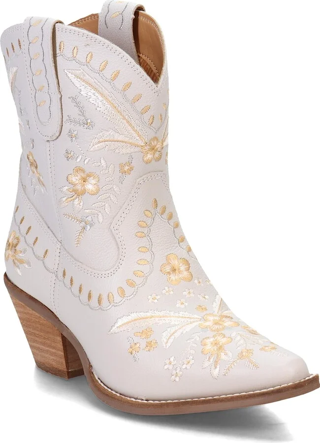 Dingo Womens Primrose Embroidered Floral Snip Toe Casual Boots Ankle Mid Heel 2-3" - Off White - Size 9 M