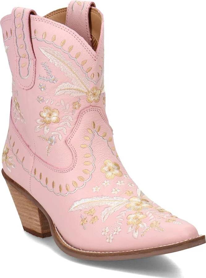 Dingo Womens Primrose Embroidered Floral Snip Toe Casual Boots Ankle Mid Heel 2-3" - Pink - Size 10 M