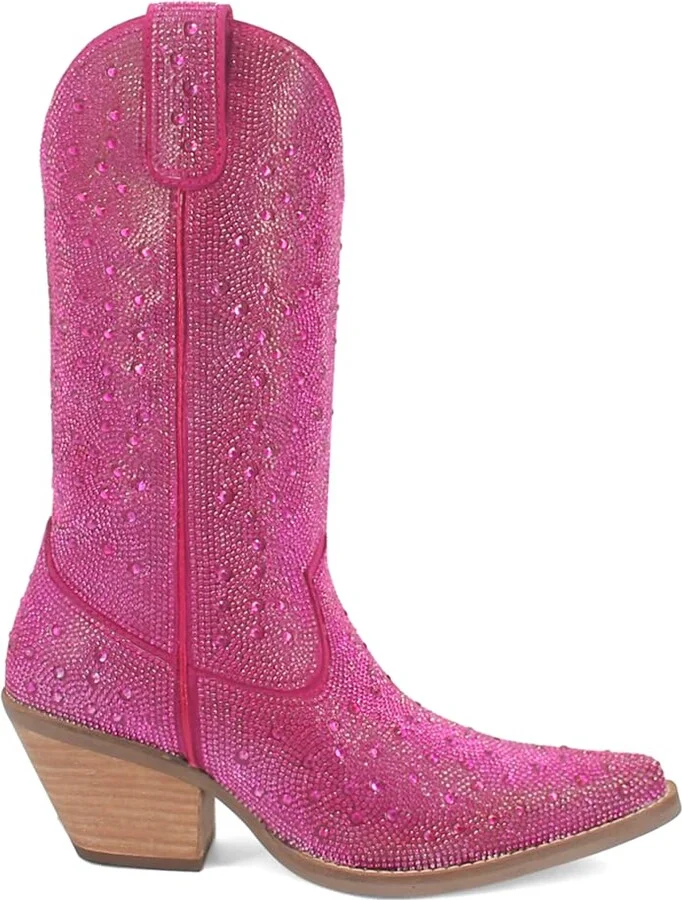 Dingo Womens Silver Dollar Rhinestone Round Toe Pull On Casual Boots Mid Calf Mid Heel 2-3" - Pink - Size 8 M