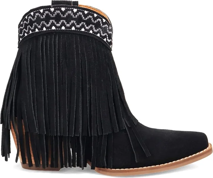 Dingo Womens Tapadero Southwest Fringe Snip Toe Casual Boots Mid Heel 2-3" - Black - Size 7.5 M