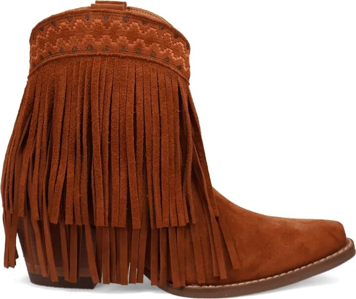 Dingo Womens Tapadero Southwest Fringe Snip Toe Casual Boots Mid Heel 2-3" - Brown - Size 7 M