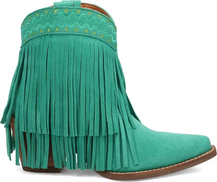 Dingo Womens Tapadero Southwest Fringe Snip Toe Casual Boots Mid Heel 2-3" - Green - Size 10 M