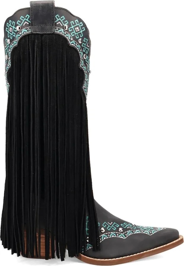 Dingo Womens Tequila Fringe Southwest Sunrise Snip Toe Casual Boots Mid Calf Mid Heel 2-3" - Black - Size 9 M