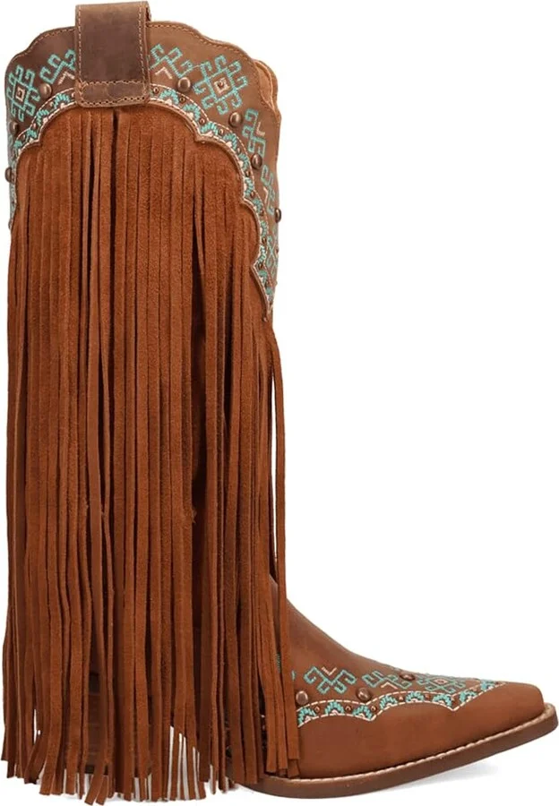 Dingo Womens Tequila Fringe Southwest Sunrise Snip Toe Casual Boots Mid Calf Mid Heel 2-3" - Brown - Size 7 M