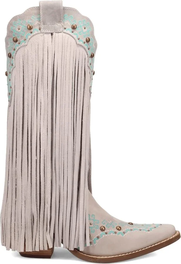 Dingo Womens Tequila Fringe Southwest Sunrise Snip Toe Casual Boots Mid Calf Mid Heel 2-3" - Off White - Size 6 M