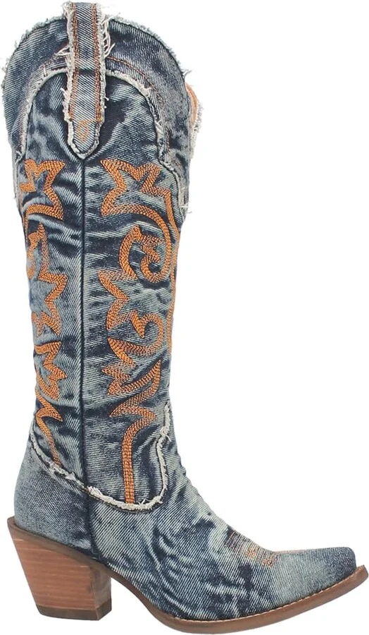 Dingo Womens Texas Tornado Denim Embroidered Snip Toe Casual Boots Mid Calf Mid Heel 2-3" - Blue - Size 7 M