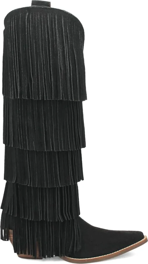 Dingo Womens Wild Child Fringe Snip Toe Pull On Casual Boots Over the Knee Mid Heel 2-3" - Black - Size 8 M