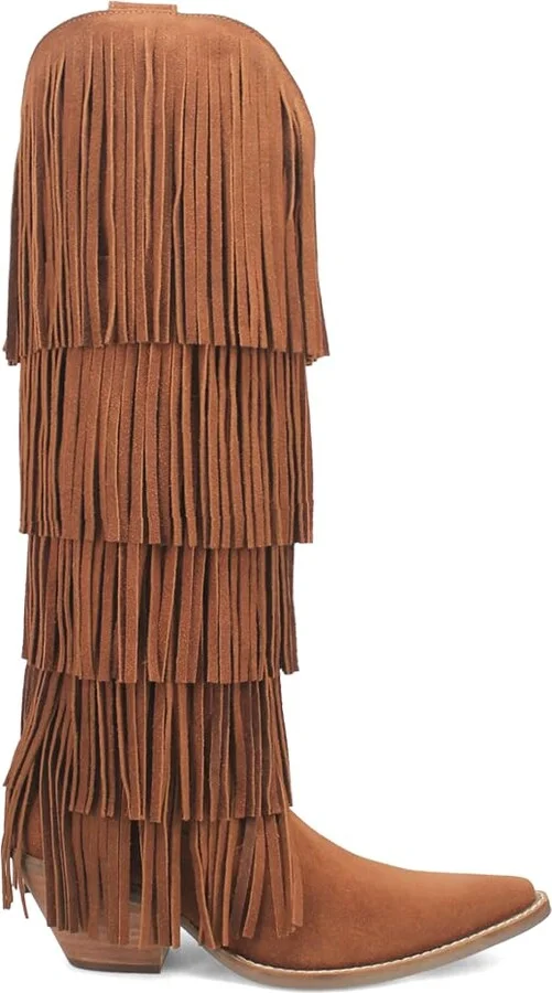 Dingo Womens Wild Child Fringe Snip Toe Pull On Casual Boots Over the Knee Mid Heel 2-3" - Brown - Size 8 M