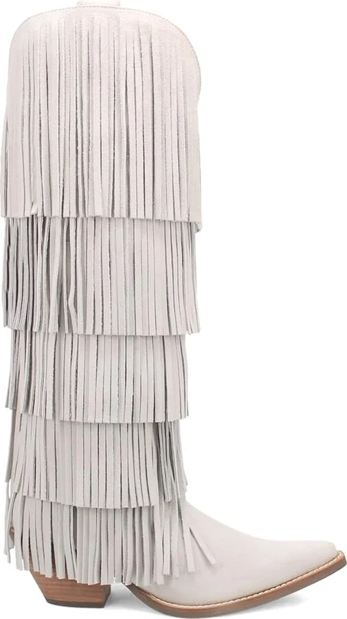 Dingo Womens Wild Child Fringe Snip Toe Pull On Casual Boots Over the Knee Mid Heel 2-3" - Off White - Size 11 M
