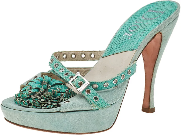 Dior Aqua Green Suede And Python Embossed Leather Eyelet Detail Platform Slide Sandals Size 39