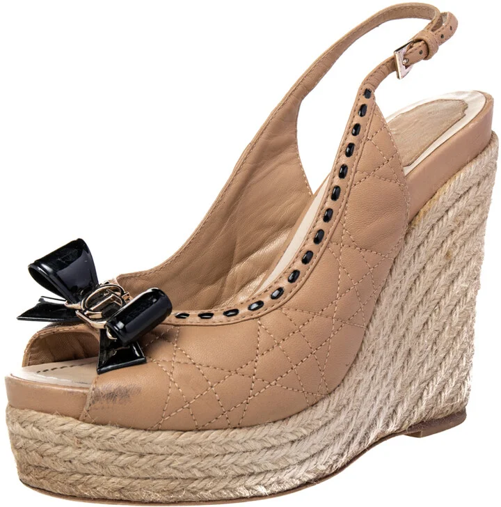Dior Beige/Black Quilted And Patent Leather Platform Sandals Size 37