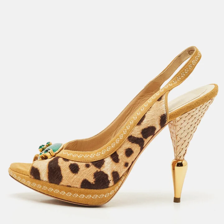 Dior Beige/Brown Calf Hair and Suede Peep Toe Slingback Pumps Size 40.5
