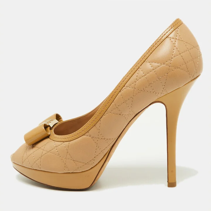 Dior Beige Cannage Leather and Patent Bow Peep Toe Platform Pumps Size 38.5