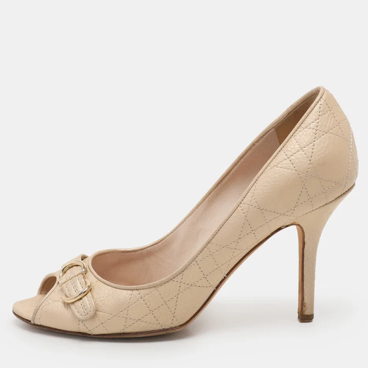 Dior Beige Cannage Leather Embellished Peep Toe Pumps Size 38.5