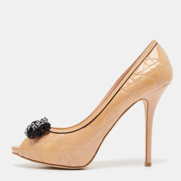 Dior Beige Cannage Patent Leather Bow Peep Toe Pumps Size 41