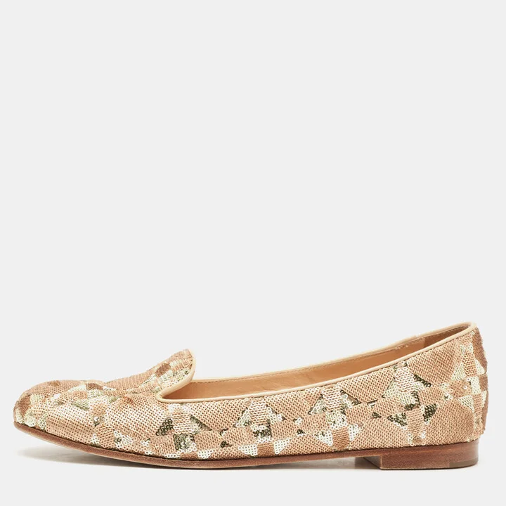 Dior Beige/Gold Sequin and Patent Leather Smoking Slippers Size 36