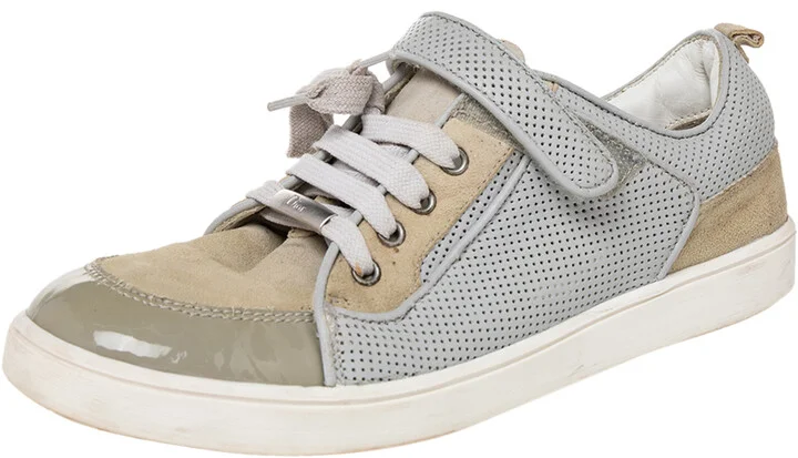 Dior Beige/Grey Mesh And Patent Leather Low Top Sneakers Size 34