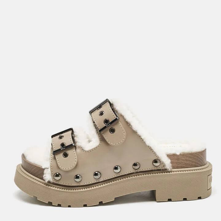 Dior Beige Leather and Shearling Fur Diorquake Strap Sandals Size 36