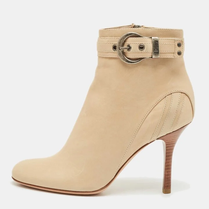 Dior Beige Leather Buckle Detail Ankle Booties Size 36