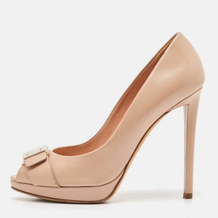Dior Beige Leather Logo Plaque Peep Toe Pumps Size 38.5