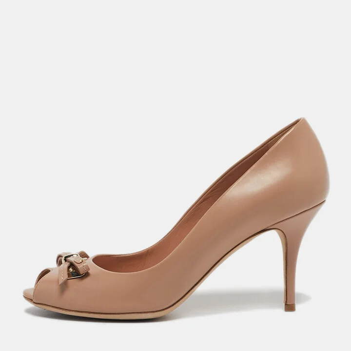 Dior Beige Patent Leather Bow Peep Toe Pumps Size 39
