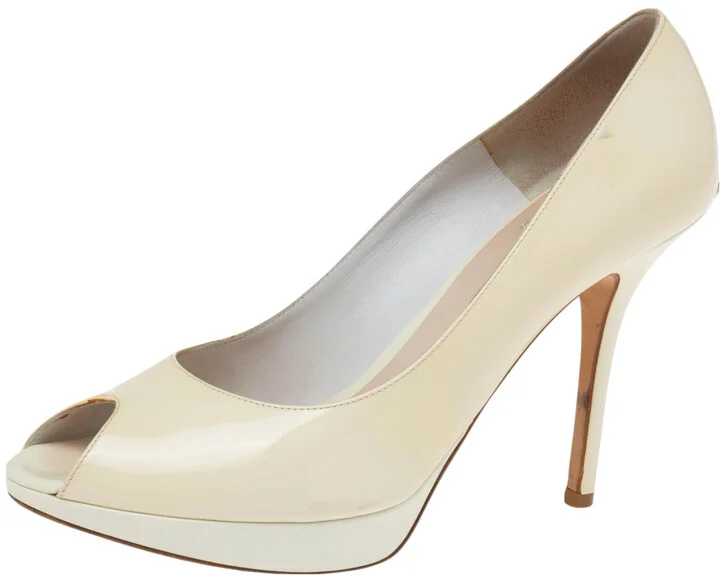 Dior Beige Patent Leather Miss Dior Peep Toe Platform Pumps Size 40.5