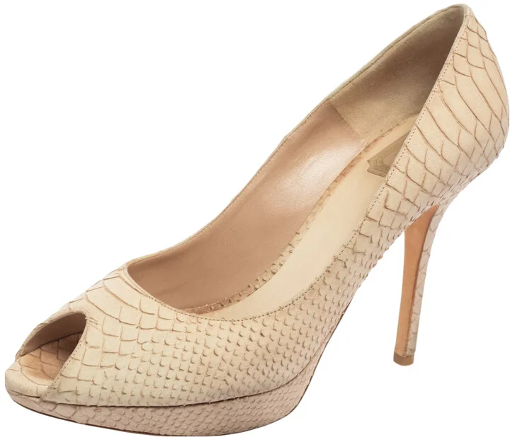 Dior Beige Python Embossed Suede Miss Dior Peep Toe Platform Pumps Size 41