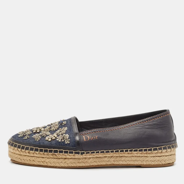 Dior Black/Blue Denim and Leather Embellished Espadrille Flats Size 36.5