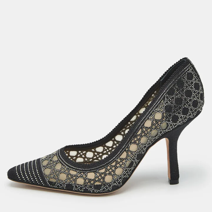 Dior Black Cannage Embroidered Canvas Crystal Embellished Capture Pumps Size 37.5