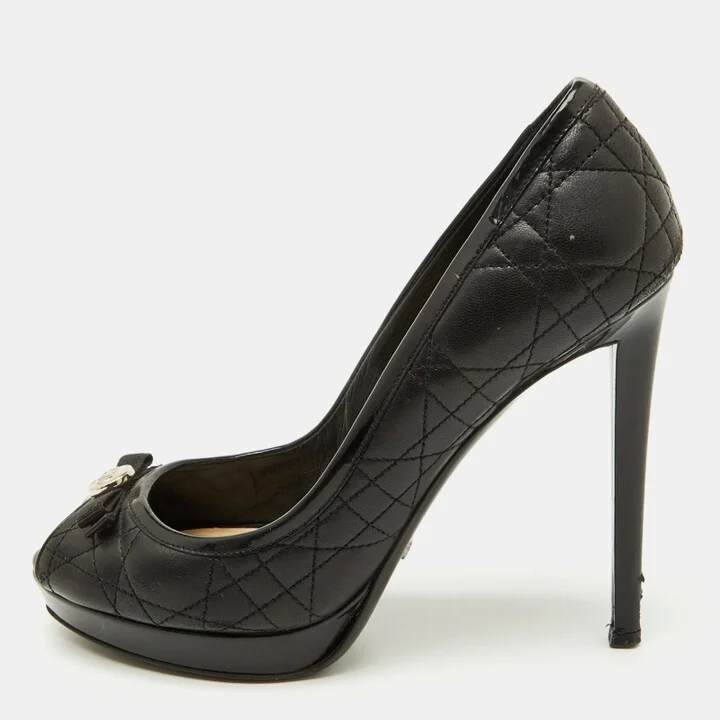 Dior Black Cannage Leather Bow Peep Toe Platform Pumps Size 37.5