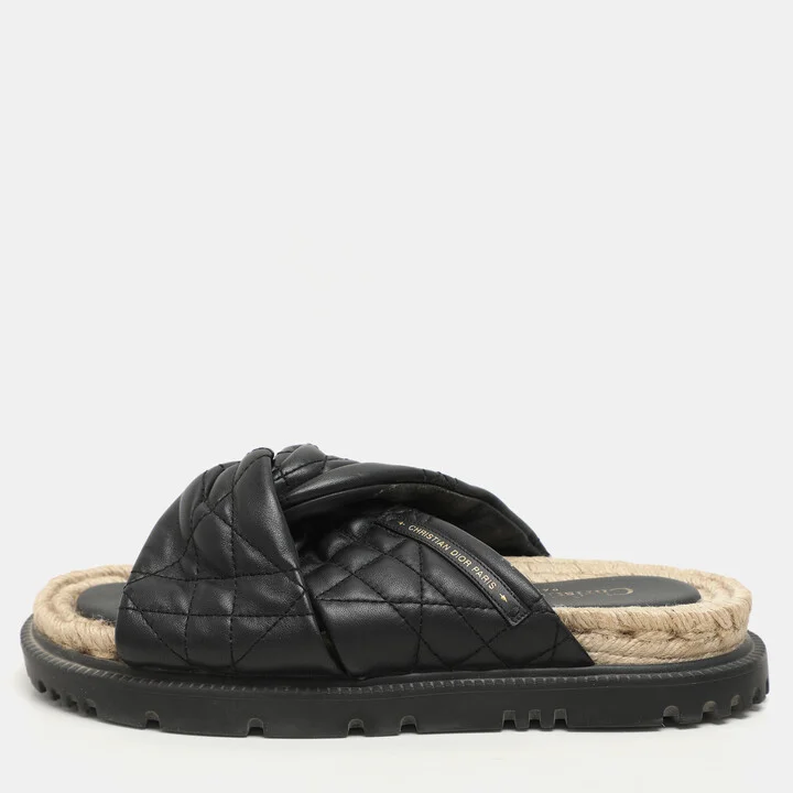 Dior Black Cannage Leather D-Twist Espadrille Slides Size 37