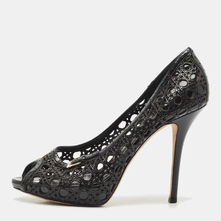 Dior Black Cannage Patent Leather Miss Dior Cut Out Peep Toe Platform Pumps Size 41