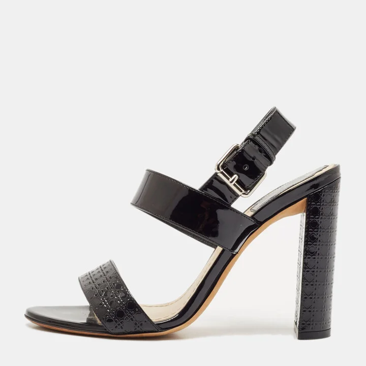 Dior Black Cannage Quilted Patent Leather Ankle Strap Sandals Size 36