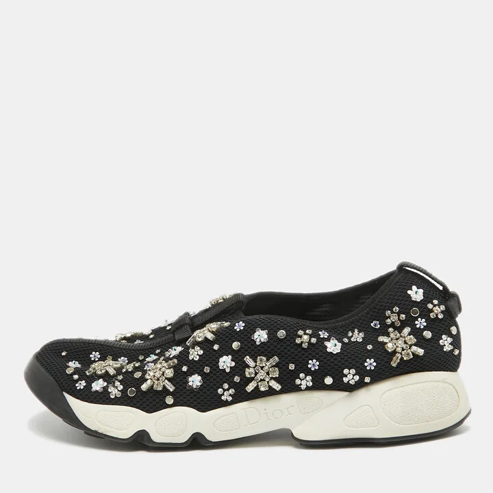 Dior Black Crystal Embellished Mesh Fusion Sneakers Size 39.5