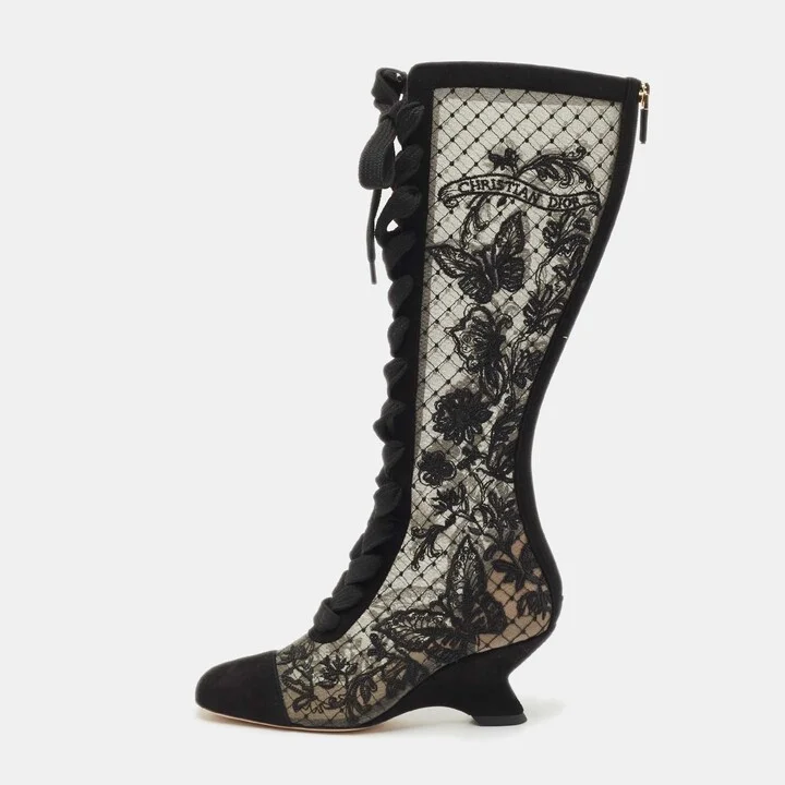 Dior Black Embroidered Mesh and Suede Naughtily-D Knee Length Boots Size 35