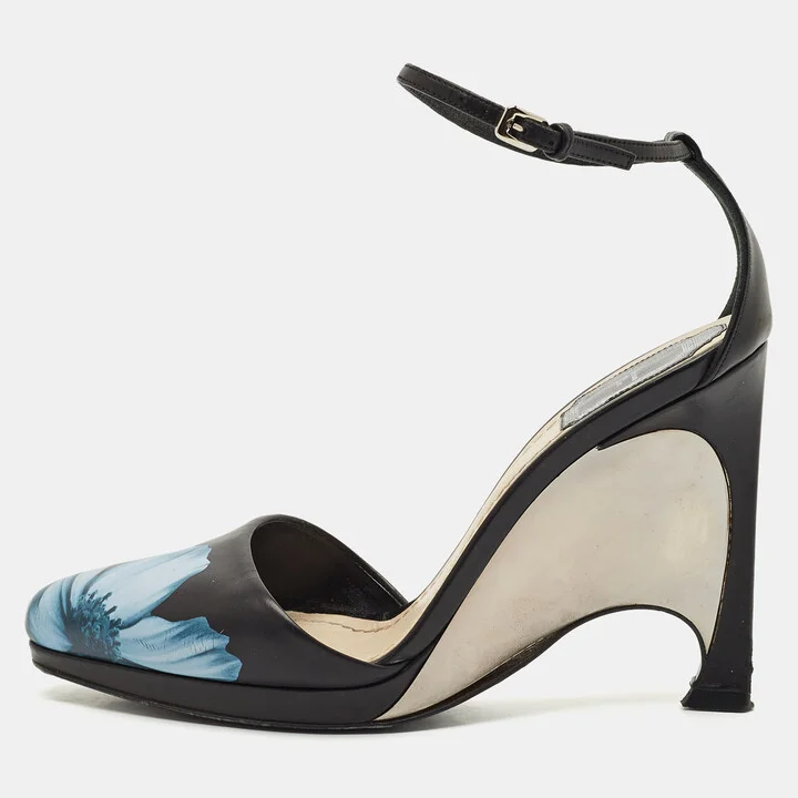 Dior Black Floral Print Leather Optique Wedge Ankle Strap Sandals Size 38.5