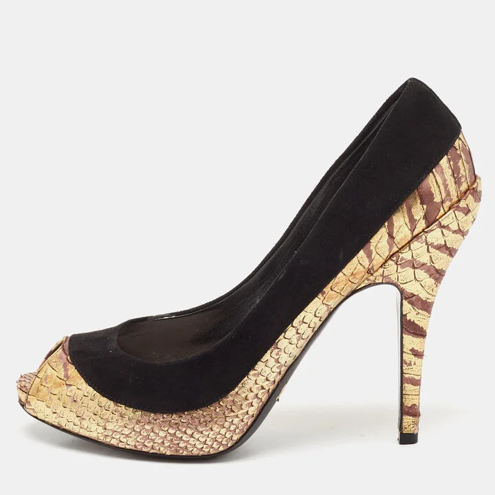 Dior Black/Gold Python Embossed Leather and Suede Peep Toe Pumps Size 37