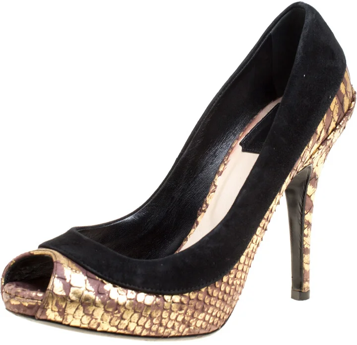Dior Black/Gold Suede and Python Peep Toe Pumps Size 35.5