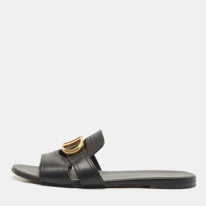 Dior Black Leather 30 Montaigne Flat Slide Sandals Size 40