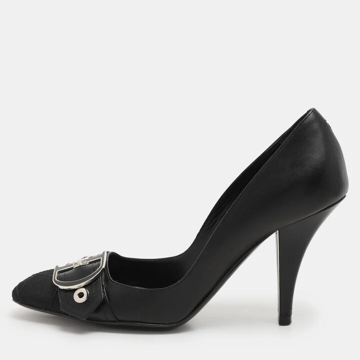 Dior Black Leather And Cannage Canvas Cap Toe D Buckle Pumps Size 36