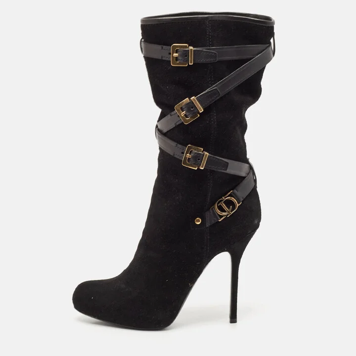 Dior Black Leather and Suede Buckle Mid Calf Boots Size 38.5