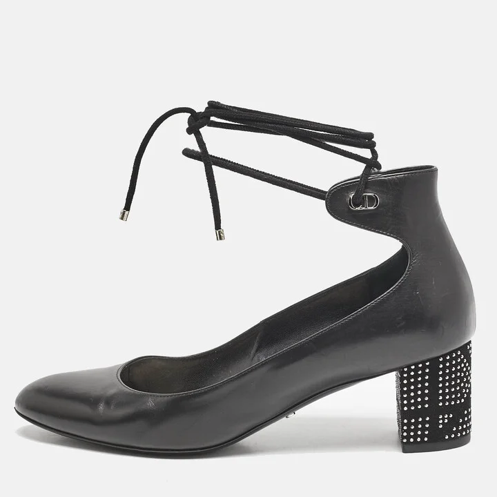 Dior Black Leather Block Heel Ankle Strap Pumps Size 38.5