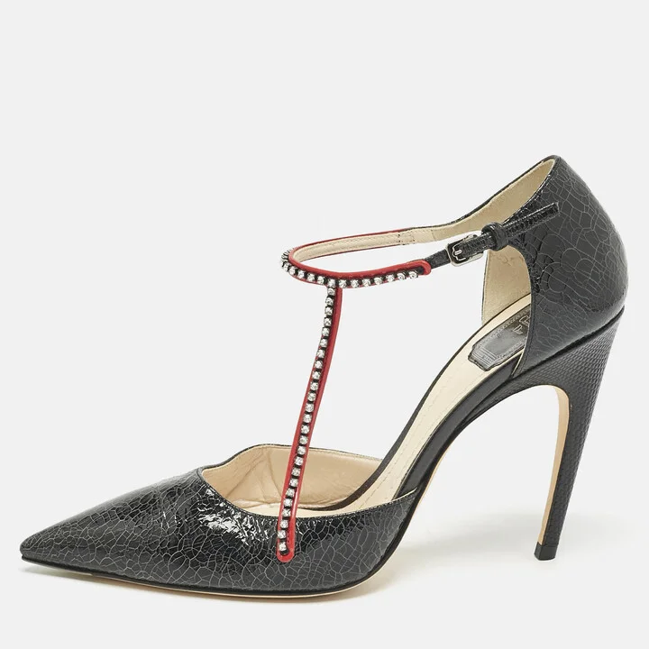 Dior Black Leather Crystal Embellished T Strap Pointed Toe Pumps Size 39.5