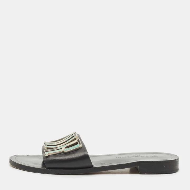 Dior Black Leather Diorevolution Flat Slides Size 38.5