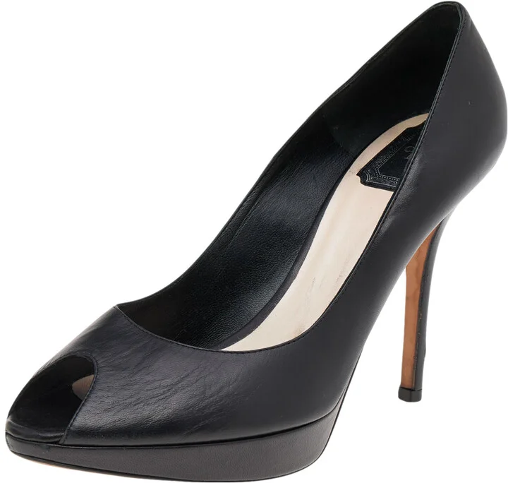 Dior Black Leather Miss Dior Peep Toe Platform Pumps Size 40.5